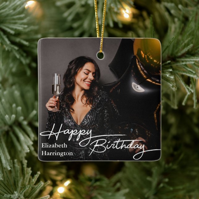 Einfaches Elegant Happy Birthday Foto Keramikornament (Baum)