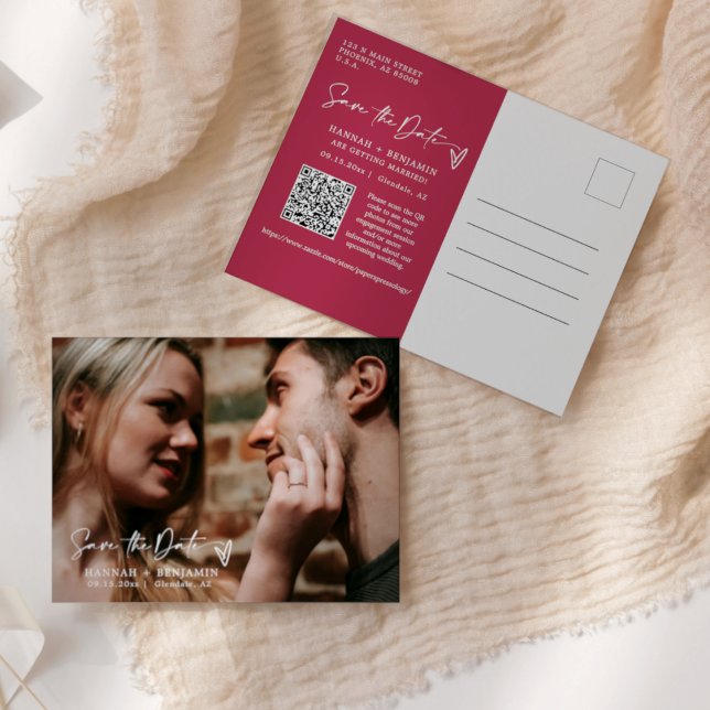 Einfaches Elegant Magenta Save the Date QR Code Fo Postkarte (Von Creator hochgeladen)