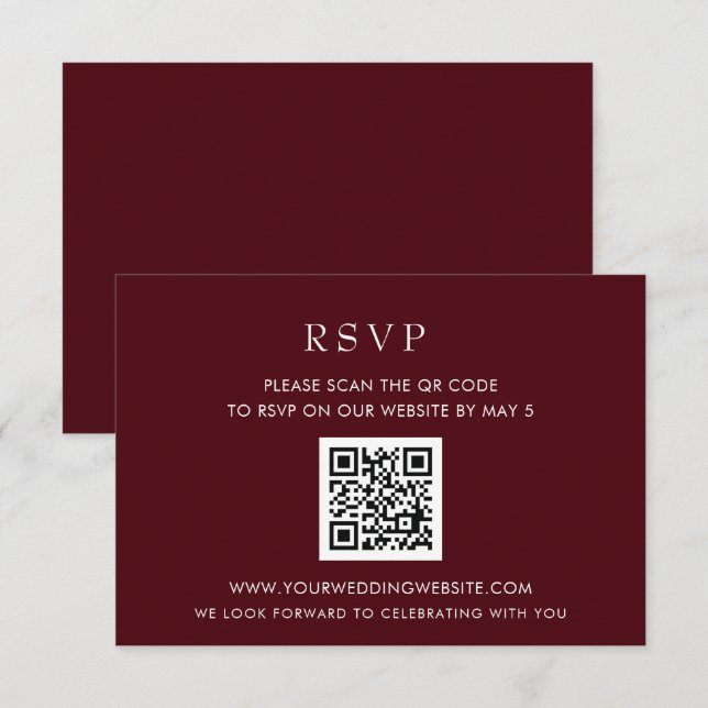 Einfaches Eleganter, moderner Burgund QR CODE RSVP Karte (Vorne/Hinten)