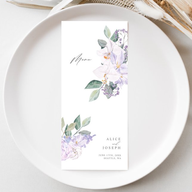 Einfaches elegantes Abendessen am Lilac Watercolor Menükarte (Simple Elegant Lilac Watercolor Wedding Dinner Menu)