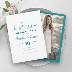 Einfaches elegantes Aquamarines Foto Sweet 16 Sech Einladung