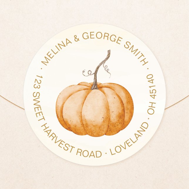 Einfaches elegantes Aquarell-Kürbis-Rücksendeetike Runder Aufkleber (Elegant, minimalist, orange, watercolor pumpkin return address round sticker. Pumpkin address label.)