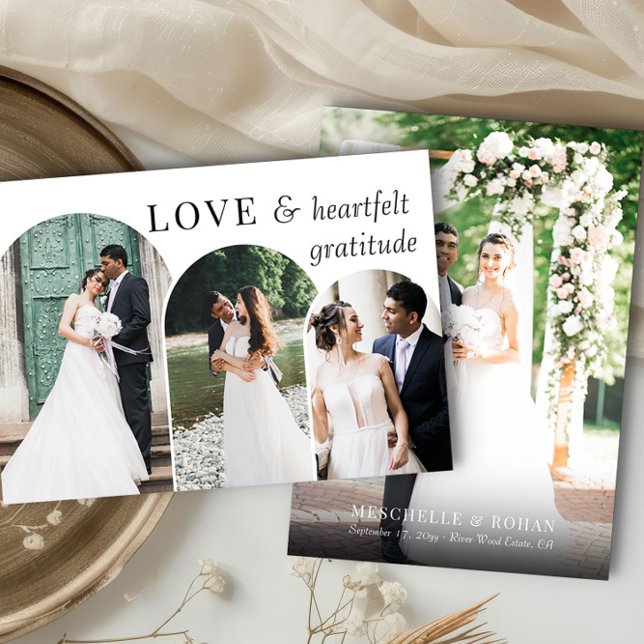 Einfaches elegantes Arch Multi Wedding Foto Dankeskarte (Triple Arch Shaped wedding photo thank you card by Darling & May)