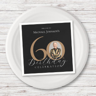 Einfaches elegantes Black Gold Foto 60. Geburtstag Serviette