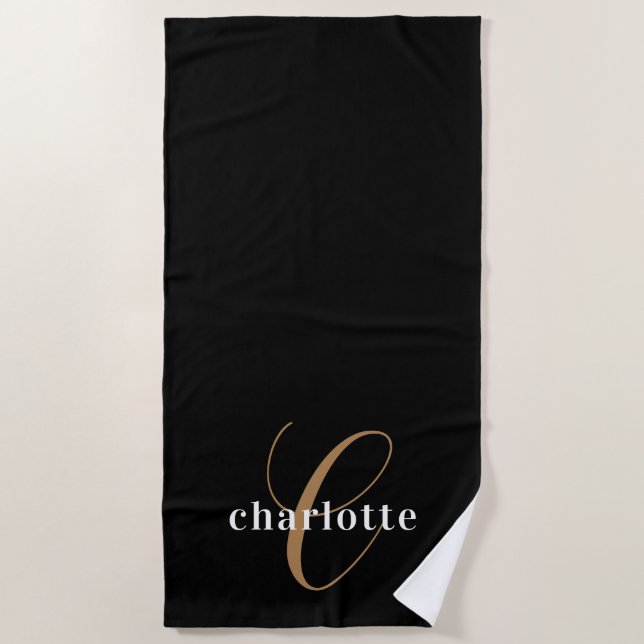 Einfaches elegantes Black Gold Monogram Beach Hand Strandtuch (Vorderseite)