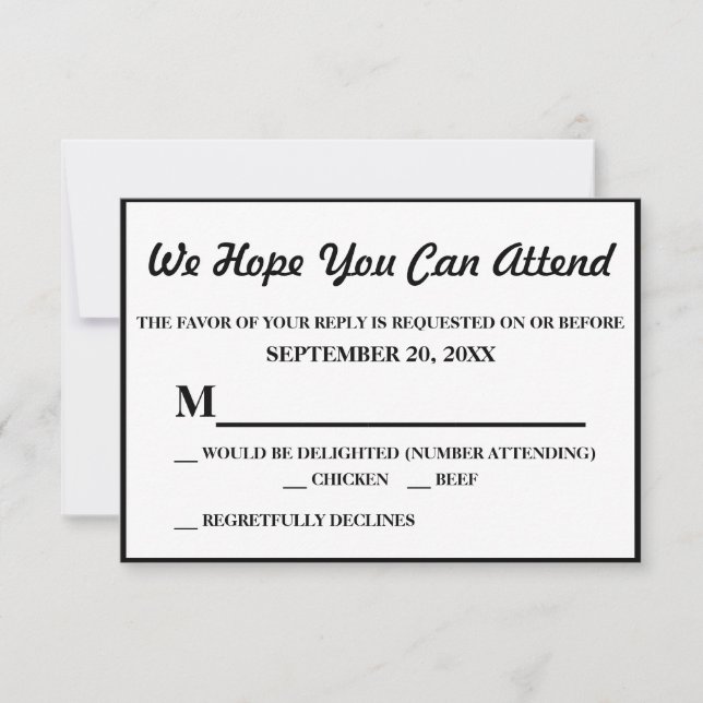 Einfaches elegantes Black Wedding RSVP (Vorderseite)