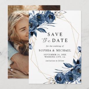 Einfaches Elegantes Blaues Florales Skript & Foto Save The Date