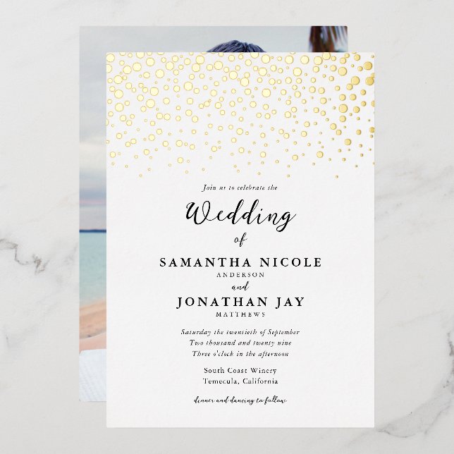Einfaches elegantes Confetti Foto Wedding Gold Folieneinladung (Vorderseite/Rückseite)