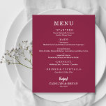 Einfaches elegantes Cranberry Wedding Menü<br><div class="desc">Eine kleine, preiswerte Cranberry Dinner-Karte aus Papier mit kulinarischen Köstlichkeiten in schicken weißen Schriften eignet sich ideal für einen modernen Hochzeitsempfang, ein Hochzeitsdinner, ein Jubiläum-Party oder ein besonderes Dinner. *Maßnahmen 4, 5" x 5, 6" (oder wählen Sie aus 2 anderen Größen), bedruckt auf 110 lb. Umschläge sind gegen Aufpreis erhältlich....</div>