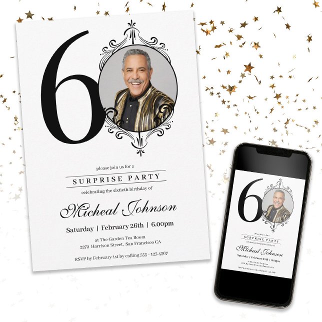 Einfaches elegantes Foto 60. Geburtstagsüberraschu Einladung (Simple Elegant Photo 60th Birthday Surprise Party Invitation)