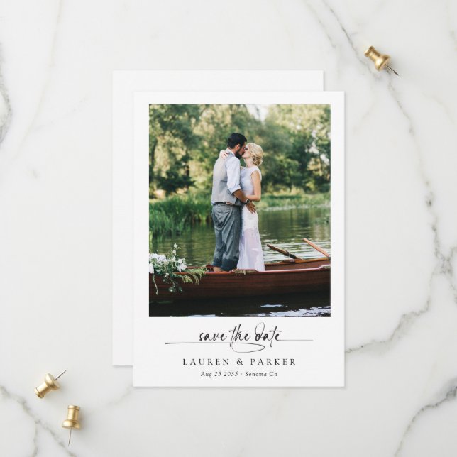 Einfaches Elegantes Foto Save the Date Skript Hoch (Vorderseite/Rückseite Beispiel)