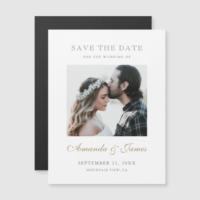 Einfaches elegantes Gold Custom Foto Save the Date Magneteinladung (Vorne/Hinten)