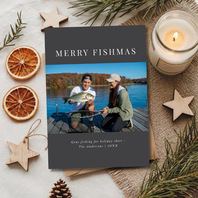 Einfaches elegantes graues Weihnachtsfischen Foto Feiertagskarte (Von Creator hochgeladen)