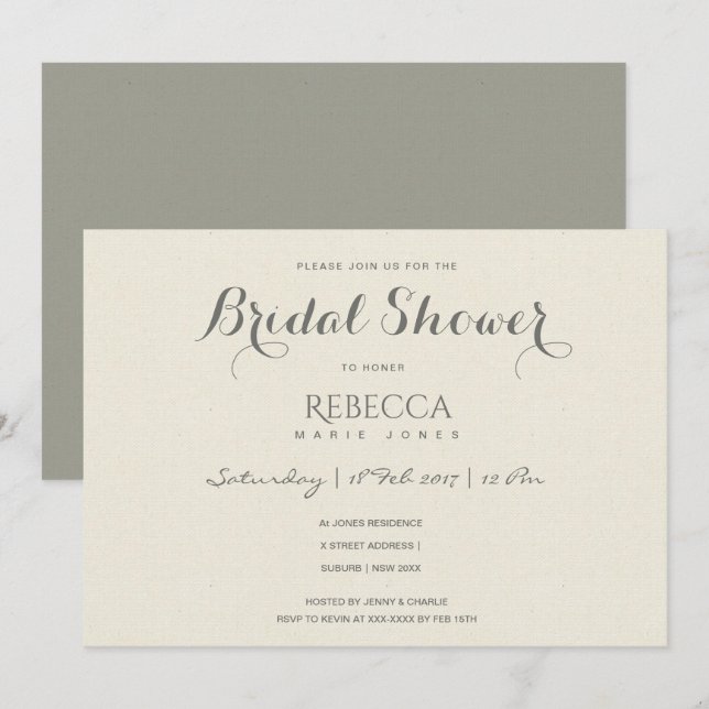 EINFACHES ELEGANTES GRAUTYPOGRAFISCHES Brautparty Einladung (Vorne/Hinten)