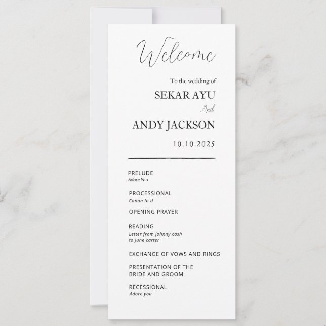 Einfaches elegantes Hochzeitsprogramm (Vorderseite)