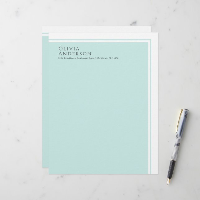 Einfaches elegantes Minimalistisches Aqua-Farbbloc Briefbogen (Vorderseite/Rückseite Beispiel)