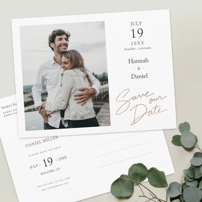 Einfaches elegantes modernes Foto Hochzeit rettet  Ankündigungspostkarte (Von Creator hochgeladen)