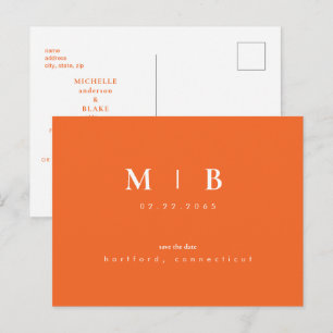 Einfaches elegantes Monogramm Orange Save-the-Date Ankündigungspostkarte