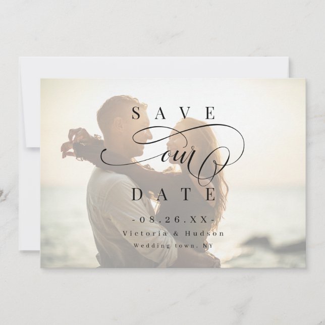 Einfaches elegantes, romantisches Skript-Foto Save Save The Date (Vorderseite)