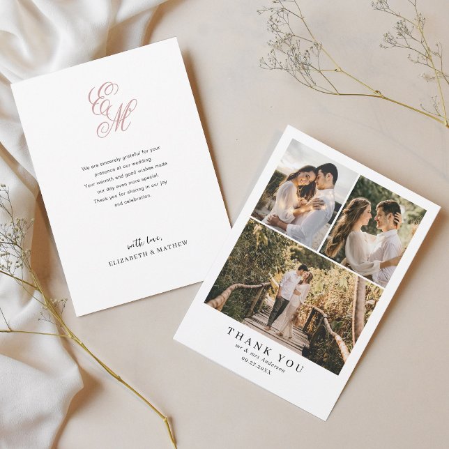 Einfaches elegantes, rosa Monogramm-Foto Hochzeit Dankeskarte (Von Creator hochgeladen)