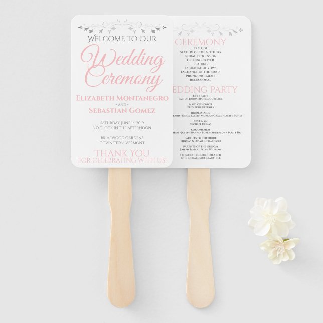 Einfaches elegantes Rosa White & Gray Wedding Prog Fächer (Vorne und Hinten)