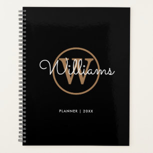 Einfaches Elegantes Schwarz Gold Monogramm Name 20 Planer
