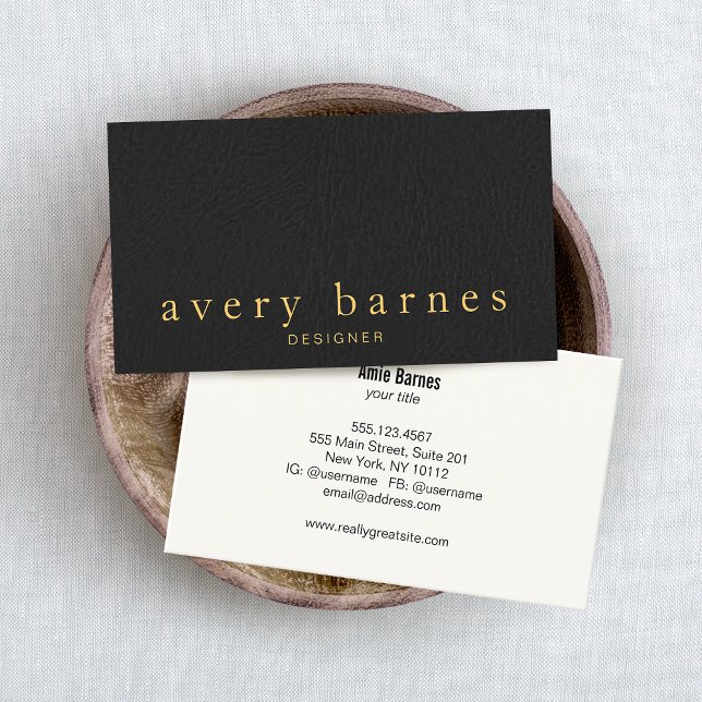 Einfaches elegantes Schwarz-Leder-Look Beruflich Visitenkarte (Von Creator hochgeladen)