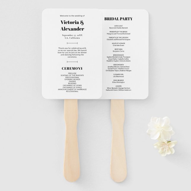 Einfaches elegantes Schwarz-Weiß-Hochzeitsprogramm Fächer (Vorne und Hinten)