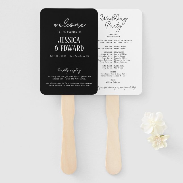 Einfaches elegantes Schwarz-weißes Hochzeitsprogra Fächer (Vorne und Hinten)