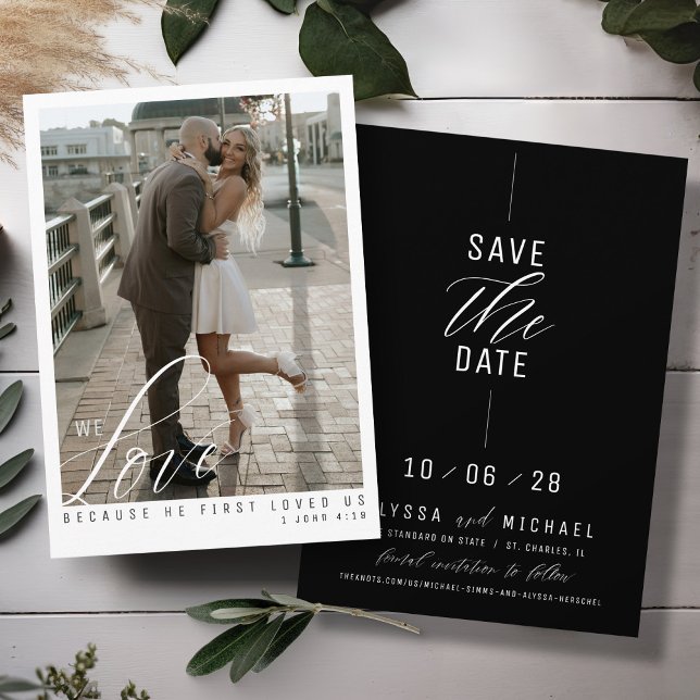 Einfaches elegantes Schwarzes Foto Christlich Hoch Save The Date (Love scripture elegant photo simple gold, black and white modern Christian wedding save the date)