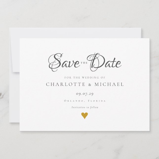 Einfaches elegantes Script Gold Heart Save the Dat Save The Date (Vorderseite)