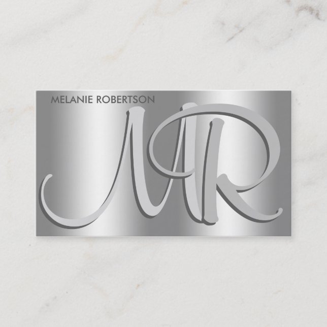 Einfaches Elegantes Silver auf Silver Script Monog Visitenkarte (Vorderseite)