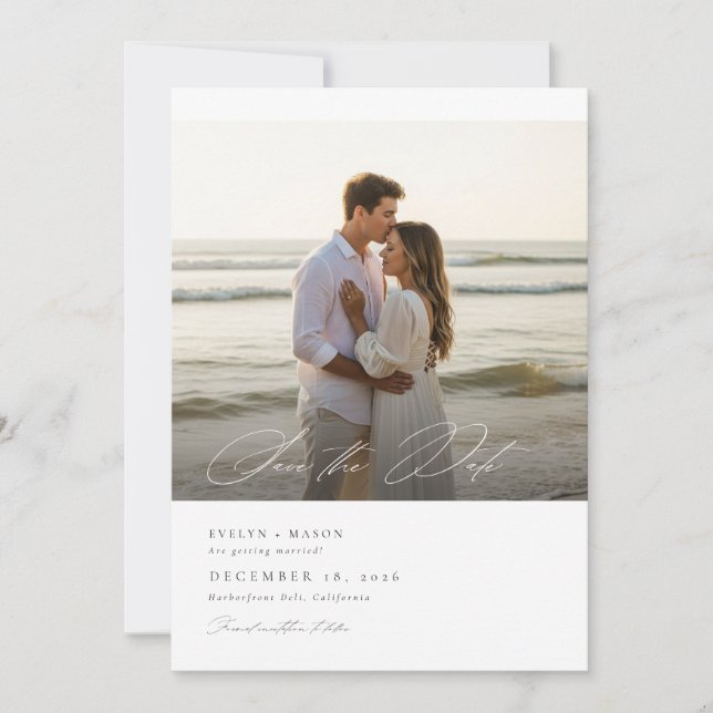 Einfaches elegantes Skript-Foto Hochzeitsstift QR- Save The Date (Vorderseite)