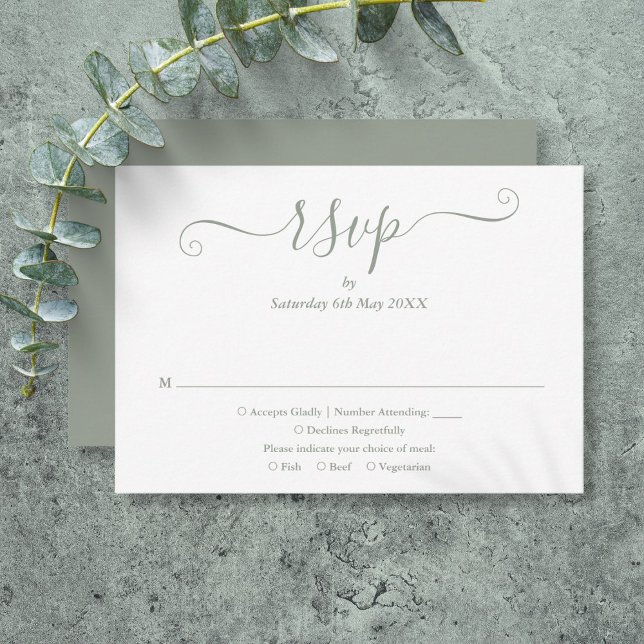 Einfaches elegantes Skript RSVP Karte (Simple Elegant Sage Green Script RSVP Card)