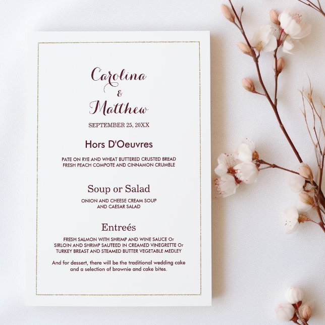 Einfaches, elegantes, weißes, bordeauxfarbenes Men Menükarte (Simple elegant white gold burgundy Wedding Menu )