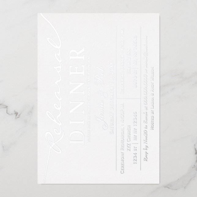 Einfaches elegantes weißes Silver Probe Dinner Folieneinladung (Vorderseite)