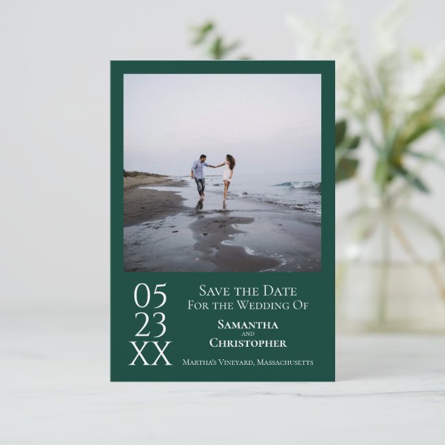 Einfaches Emerald Green Modernes Minimal Foto Hoch Save The Date (Stehend Vorderseite)