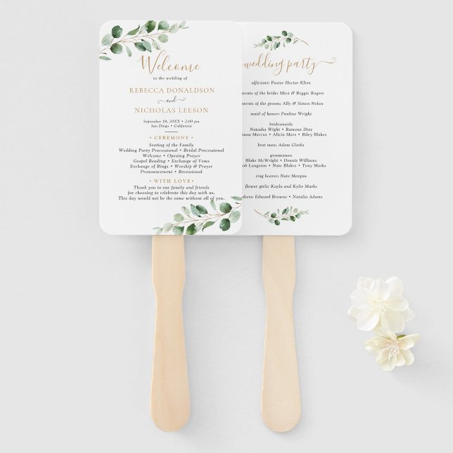 Einfaches Eukalyptus Greenery Gold Wedding Program Fächer (Vorne und Hinten)