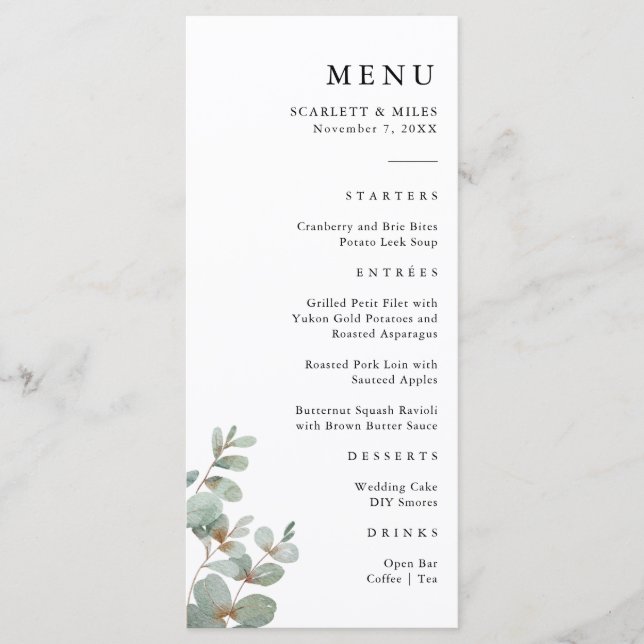 Einfaches Eukalyptus Wedding Menu Menükarte (Vorderseite)