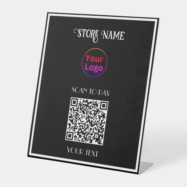 Einfaches Firmenlogo und QR-Code für schwarzes Ges Sockelschild (Vorderseite)