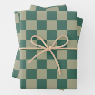 Einfaches Forest Green and Sage Checkerboard-Muste Geschenkpapier Set
