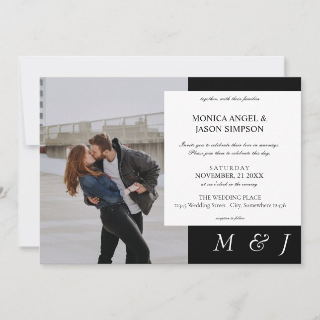 Einfaches Foto Elegante Schwarz & Weiß Hochzeit Einladung (Vorderseite)
