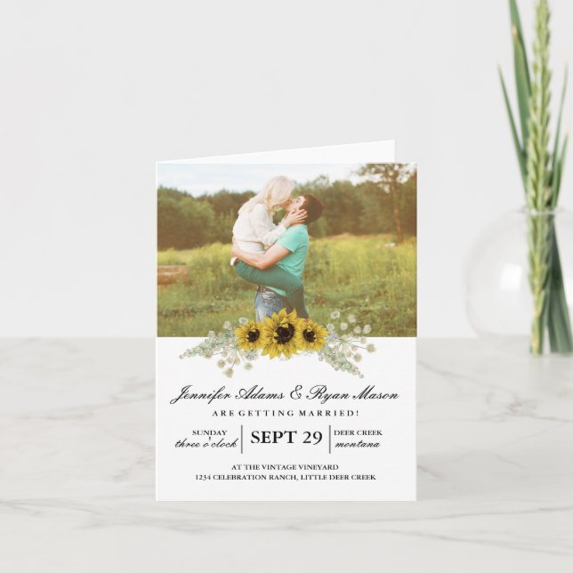 Einfaches Foto Hochzeiten Sonnenblumen Einladung (Vorderseite)