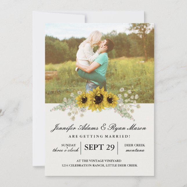 Einfaches Foto Hochzeiten Sonnenblumen Einladung (Vorderseite)