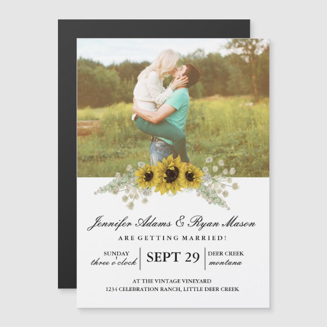 Einfaches Foto Hochzeiten Sonnenblumen Magneteinladung (Vorne/Hinten)