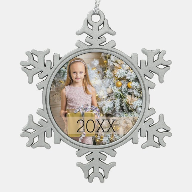 Einfaches Foto-Jahr Schneeflocken Zinn-Ornament (Vorderseite)