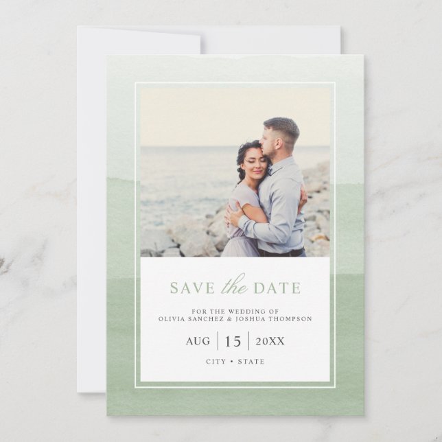 Einfaches Foto mit moderner Sage Green Wasserfarbe Save The Date (Vorderseite)