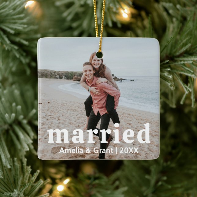 Einfaches Foto Modernes Erstes Weihnachtsfest Verh Keramikornament (Baum)