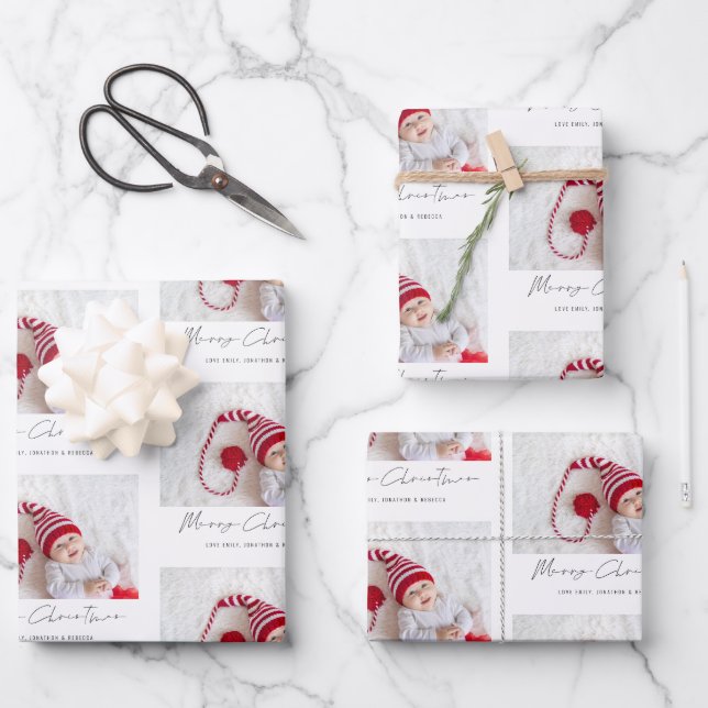 Einfaches Foto Muster Name Skript Frohe Weihnachte Geschenkpapier Set (Vorderseite)