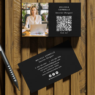 Einfaches Foto, QR-Code & Soziale Medien Schwarz & Visitenkarte